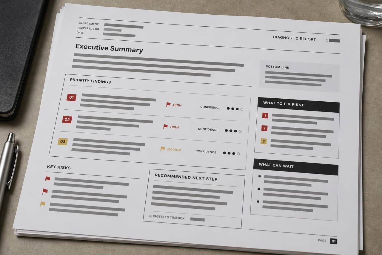 Sample diagnostic report showing priority findings, key risks, and next step